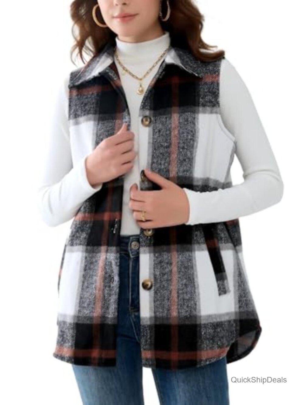 Women's Flannel Plaid Vest Sleeveless Button Down Shirt Jacket with Pockets